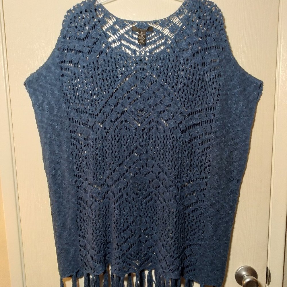 Poncho Style Crochet Sweater with Fringe Detail- Color: Colbalt Blue Size: XL